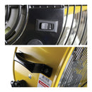 Detailed close-ups of the 2-in-1 industrial drum fan, including the rocker switch and built-in handle. 