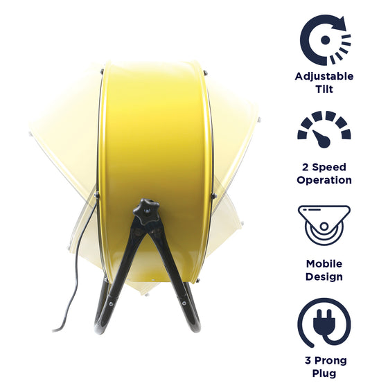 Features of the 24 in. yellow air mover include 2 speed operation, mobile design, and 3 prong electric plug.