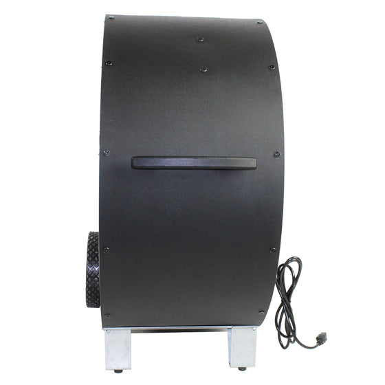 Right side profile view of the 30 in. industrial grade barrel fan showing the non-skid positioning legs. 
