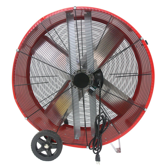 Rear view of the drum fan showing the speed switch and power cord, vibration-reducing legs, and OSHA compliant rear grille. 