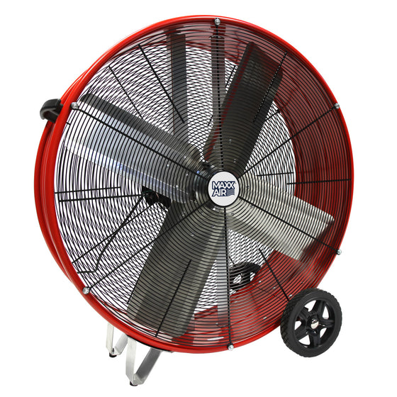 30 in. pro version direct drive drum fan with metal housing in red finish.