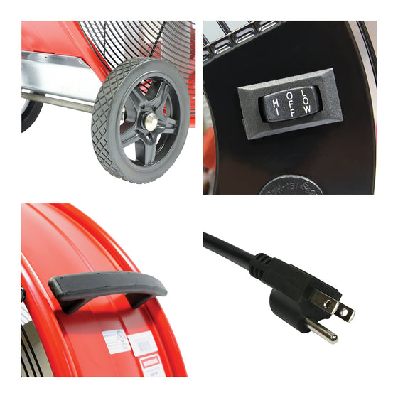 Detailed close-up of built-in wheels and handle, rocker switch, and 3 prong plug.