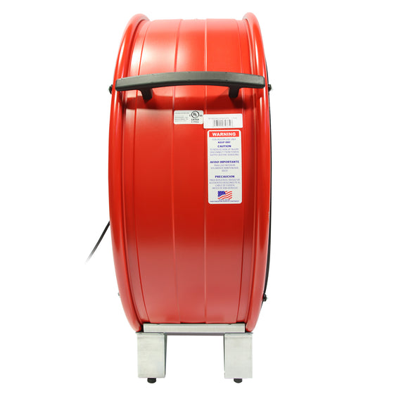 Left side profile view of the 30 in. red drum fan showing the large handle and non-skid positioning legs that make transporting the fan a breeze.
