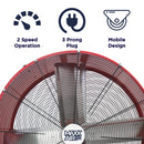 Features of the 36 in. red barrel fan include 2 speed operation, portable design, and 3 prong electric plug