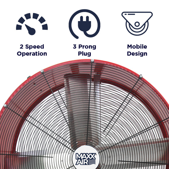 Features of the 36 in. red barrel fan include 2 speed operation, portable design, and 3 prong electric plug
