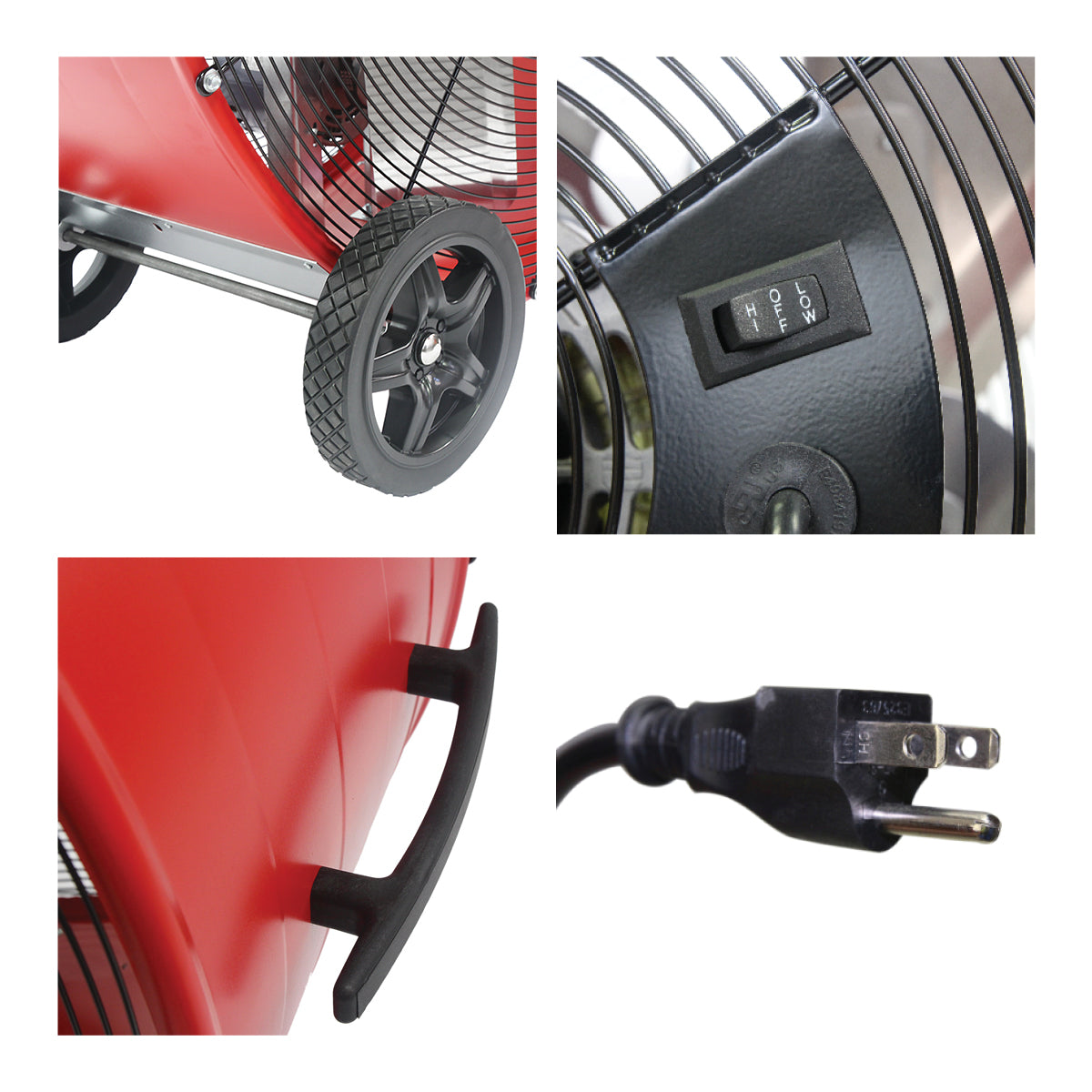 Detailed close-up of built-in wheels and handle, rocker switch, and 3 prong plug. 