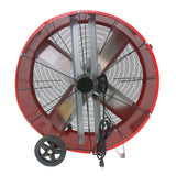 Rear view of 36 in. direct drive fan showing the speed switch on rear grille, vibration reducing legs, and power cord. 