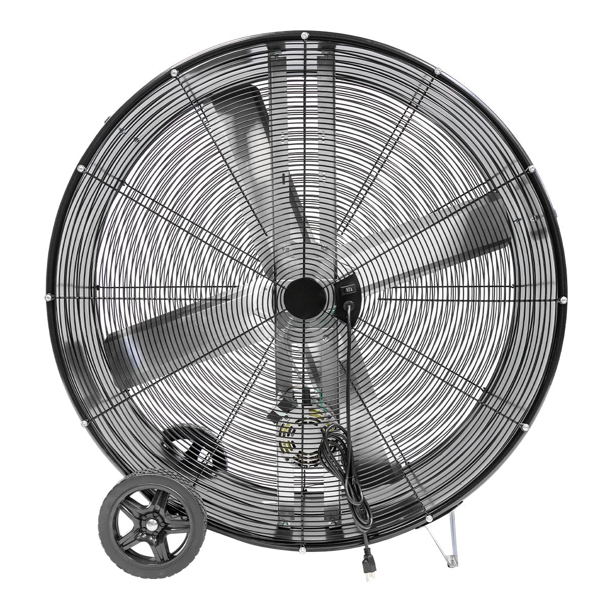 Back view of the commercial grade 42 in. belt drive barrel fan showing the rocker switch and power cord with metal housing.