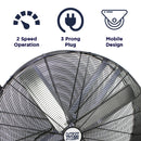 Features of the 42 in. belt drive fan include 2 speed operation, portable design, and 3 prong electric plug. 