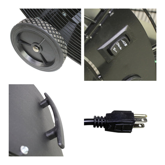 Detailed close-up of built-in wheels and handle, rocker switch, and 3 prong plug. 