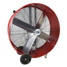  Large 48 in. drum fan constructed of heavy duty metal in a powder-coated red finish. 