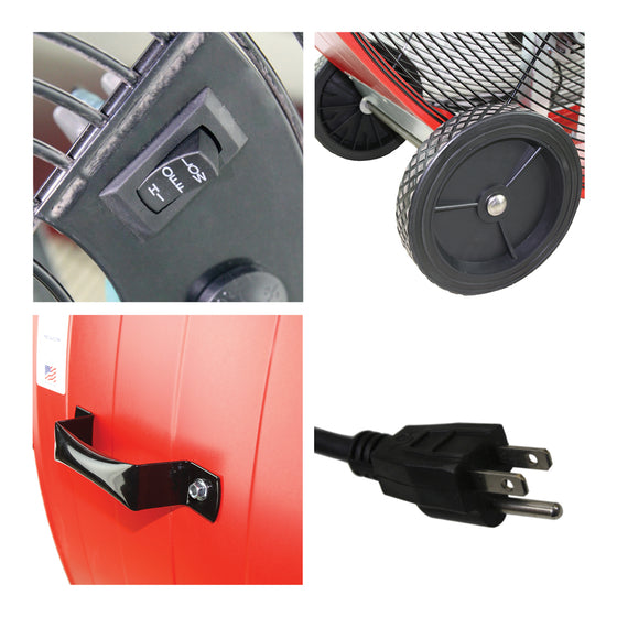 Detailed close-up of rocker switch, diamond tread wheels, built-in handles, and 3 prong plug. 