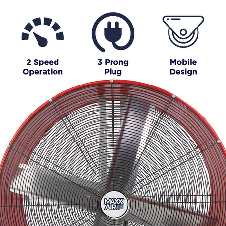 Features of the 42 in. belt drive pro series barrel fan include 2 speed operation, portable design, and 3 prong electric plug.