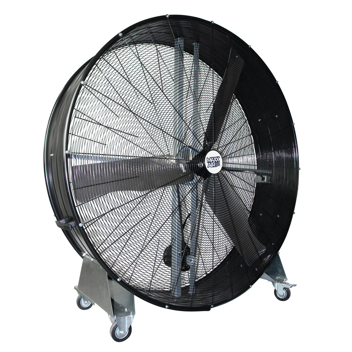 60 in. Pro series belt drive metal barrel fan in black finish with caster wheels.