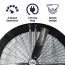Features of the 60 in. drum fan include 2 speed operation, portable design, and 3 prong electric plug. 