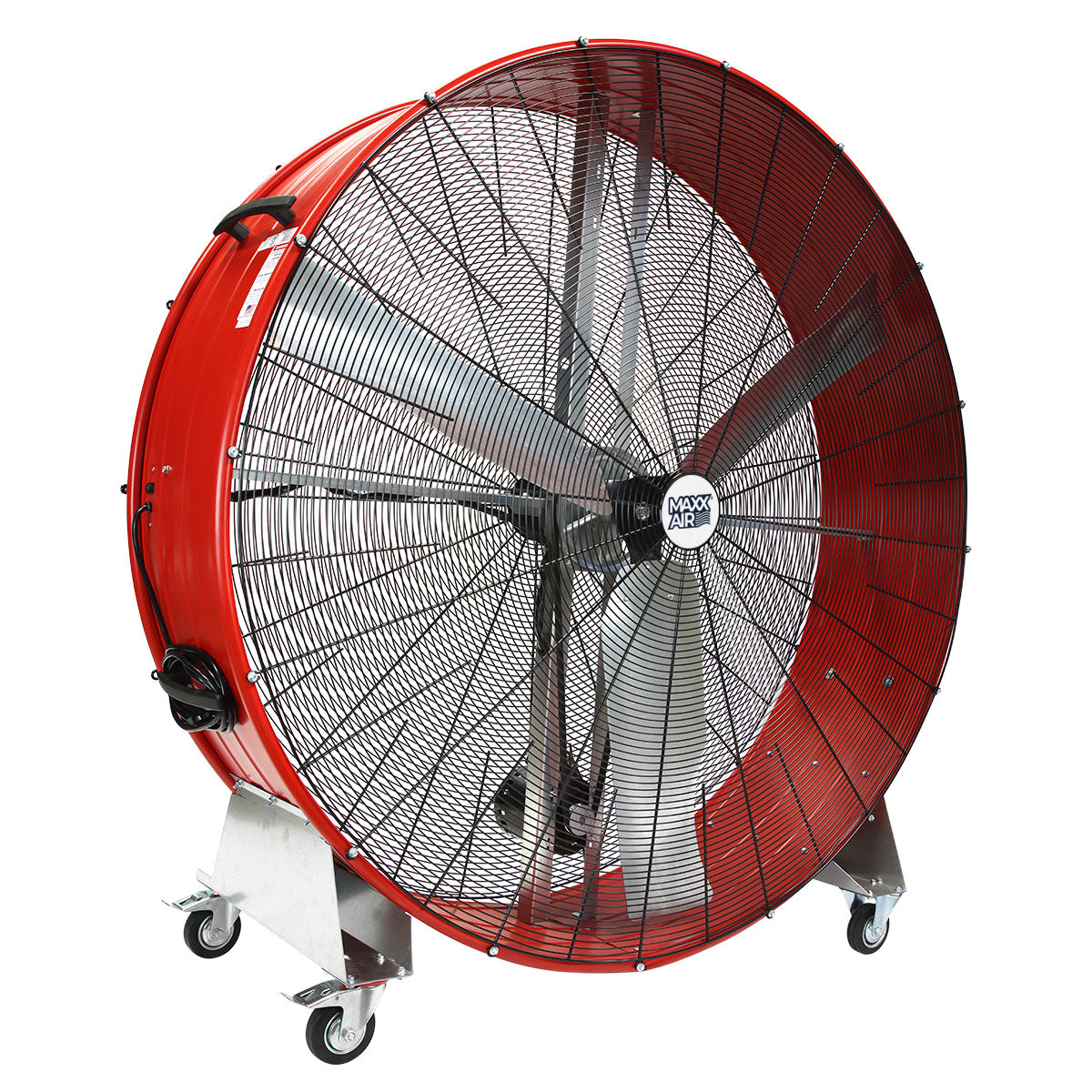 60 in. Pro series metal barrel fan in red finish with caster wheels.