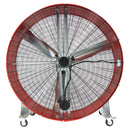 Back view of the 60 in. industrial barrel fan showing the belt drive motor setup and heavy duty, durable motor mounts.