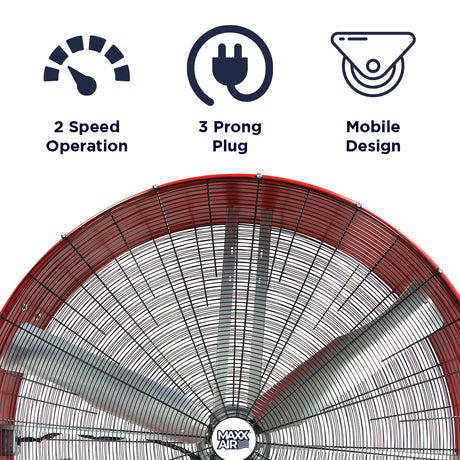 Features of the 60 in. drum fan include 2 speed operation, portable design, and 3 prong electric plug.