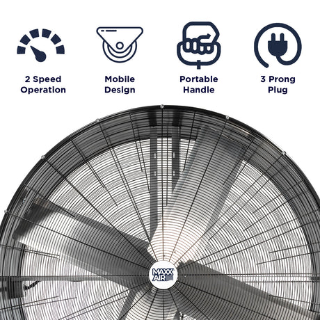 Features of the 60 in. drum fan include 2 speed operation, portable design, and 3 prong electric plug. 