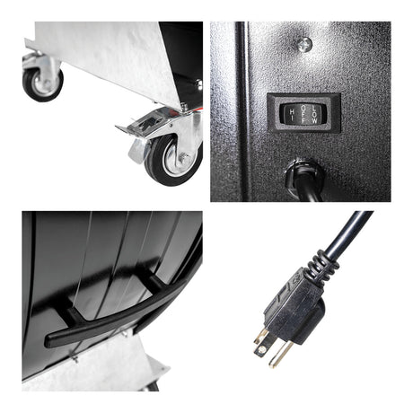 Detailed close-up of caster wheels, rocker switch, handle and 3 prong plug. 