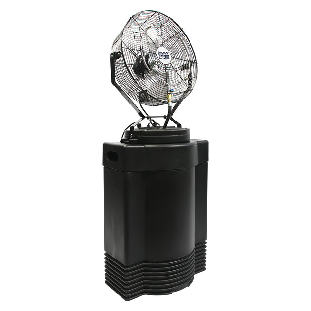 18 in. hi-pressure misting fan on 40 gal. black tank provides hours of cooling to combat heat stress on the job or provide comfort in residential and commercial spaces.