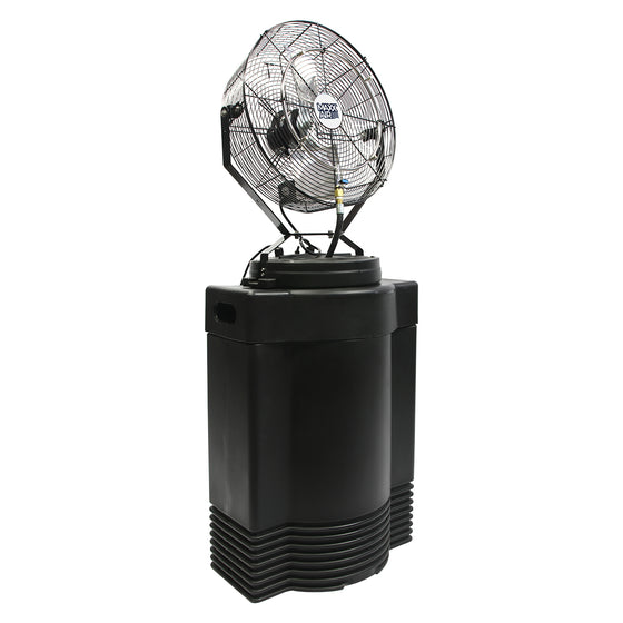 18 in. hi-pressure misting fan on 40 gal. black tank provides hours of cooling to prevent heat stress on the job or provide comfort in residential and commercial spaces.