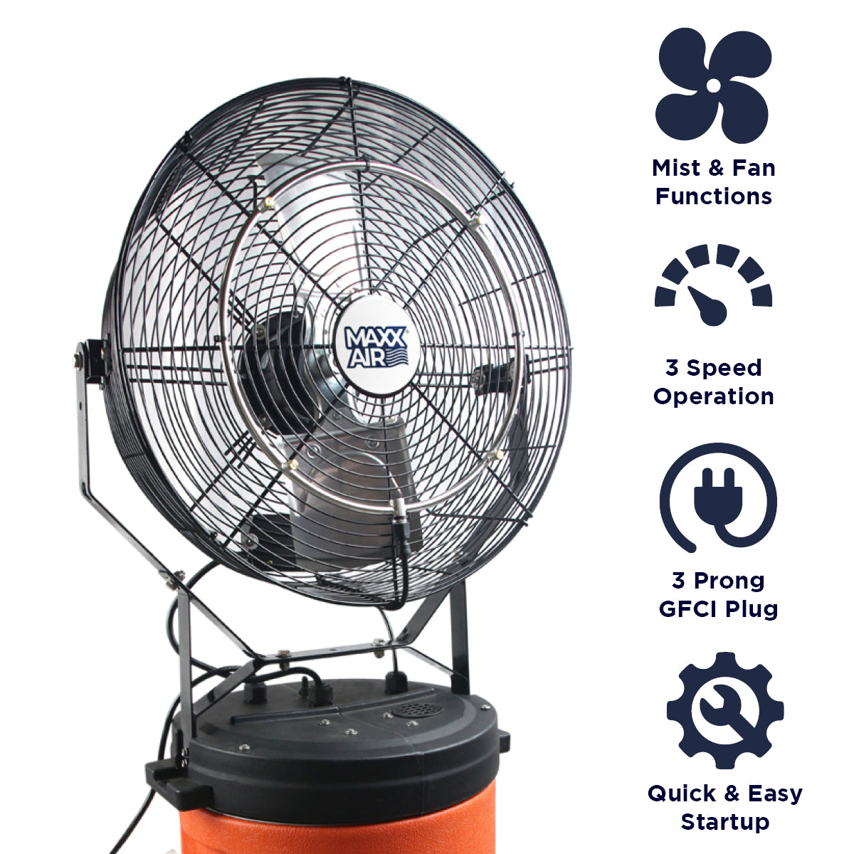 Features of the CDMP1810 setup include independent mist and fan functions, 3 speed operation, 3 prong GFCI electric plug, and a quick and easy startup. 