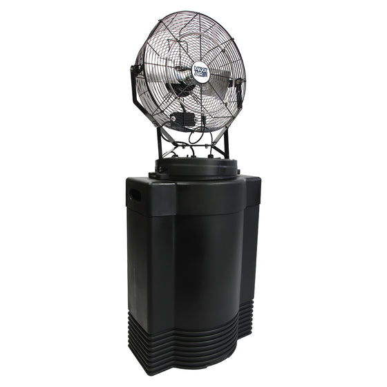 18 in. mid-pressure misting fan on 40 gal. black tank provides industrial grade cooling to alleviate heat stress on the job.