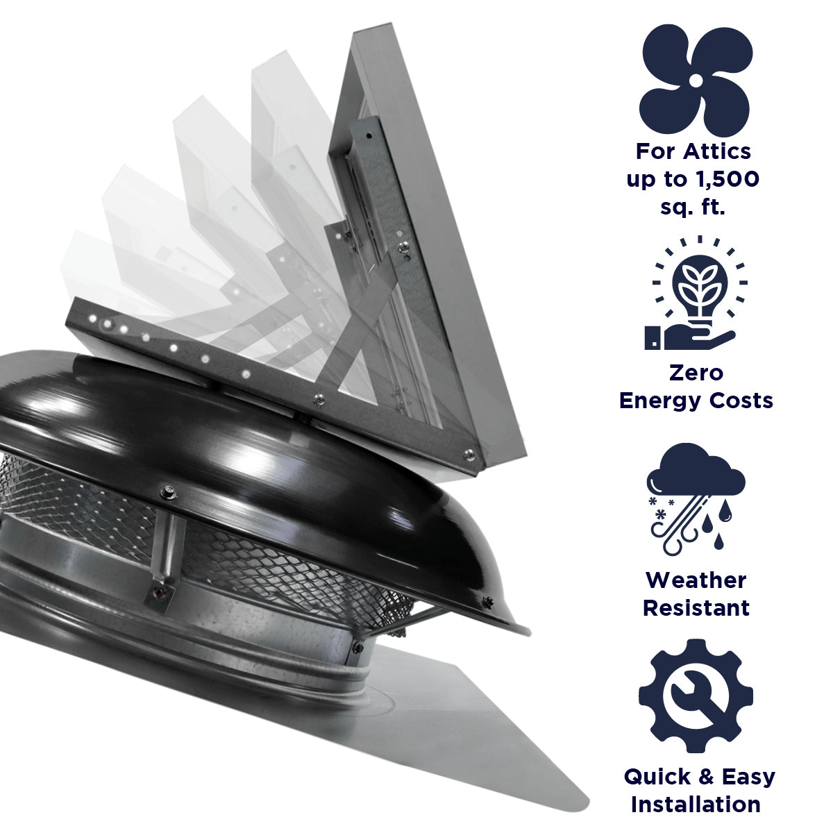 Features of the CXSOLRFDM series include ventilation coverage up to 1,500 sq. ft., zero energy costs, weather resistant construction, and a quick and easy install.