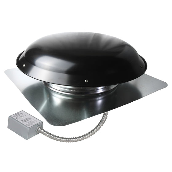 1,080 CFM roof mount exhaust fan in black finish showing the adjustable thermostat with conduit.