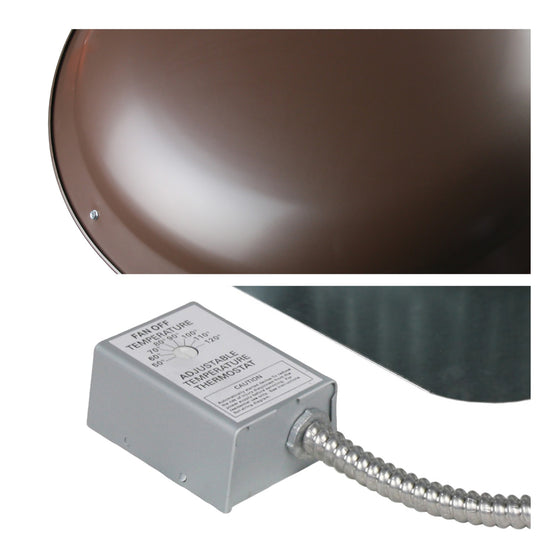 Detailed close-up of durable steel dome in brown finish and adjustable thermostat.