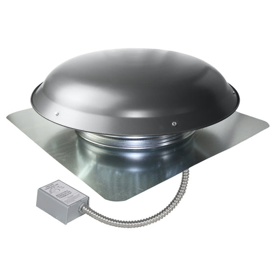 1,080 CFM roof mount exhaust fan in weathered gray finish showing the adjustable thermostat with conduit.