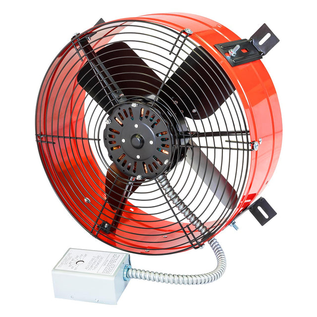 1,500 CFM premium gable fan showing the adjustable thermostat and safety grille screen with red steel shroud housing. 