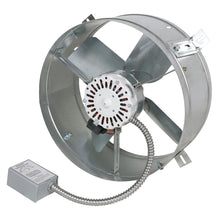  1,600 CFM gable fan showing the adjustable thermostat and steel shroud housing.