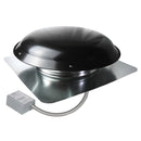 1,400 CFM steel roof mount exhaust fan in black finish showing the adjustable thermostat with conduit.