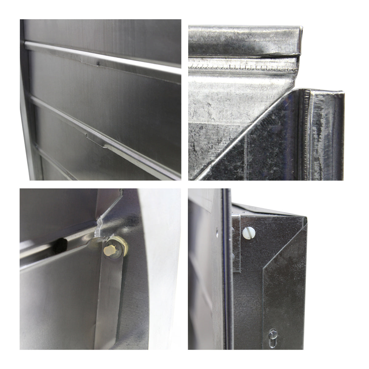 Detailed close-up of aluminum louver vanes, linkage pin and strip, and heavy duty steel frame.