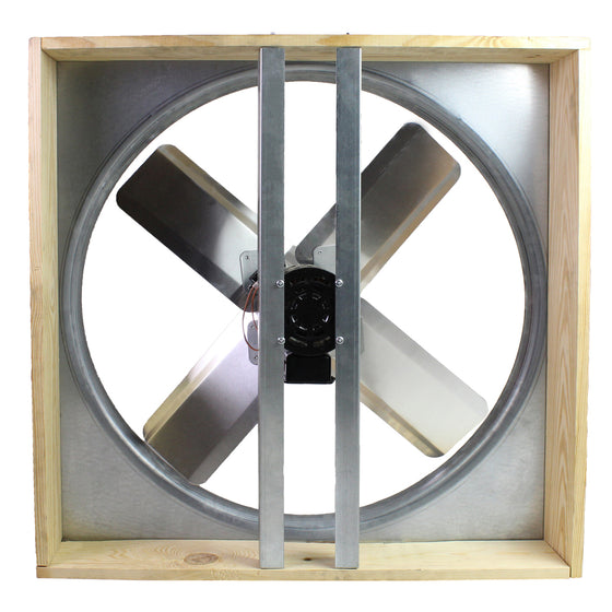 Underside of the 24" whole house fan showing the direct drive motor and struts. 