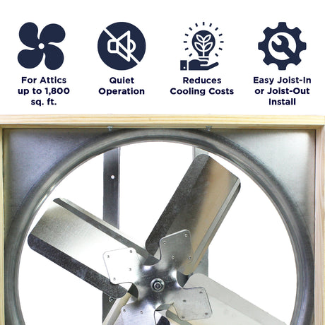 Features of the CX24BDM-2SPD include ventilation coverage for attics up to 1,800 sq. ft., quiet operation, reduced cooling costs, and joist-in or joist-out install compatibility.