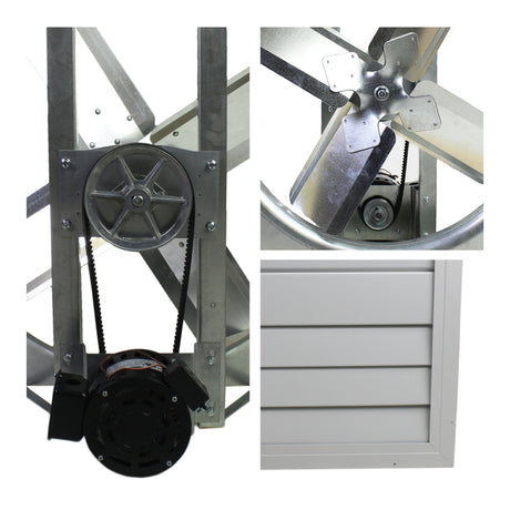 Detailed close-up of motor and pulley system, fan blade assembly, and shutter on the home exhaust fan.