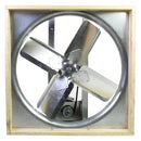 Underside of the 24" whole house fan showing the steel and wood construction and high performance fan blade assembly.