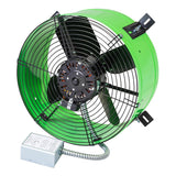 1,650 CFM premium gable fan showing the adjustable thermostat and safety grille screen with green steel shroud housing. 