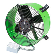  1,650 CFM premium gable fan showing the adjustable thermostat and safety grille screen with green steel shroud housing. 