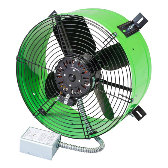 1,650 CFM premium gable fan showing the adjustable thermostat and safety grille screen with green steel shroud housing. 