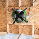 The premium exhaust fan in green installed in an attic gable end with the CX2121AM shutter to provide ventilation in your attic and protect your roofing components from heat damage. 