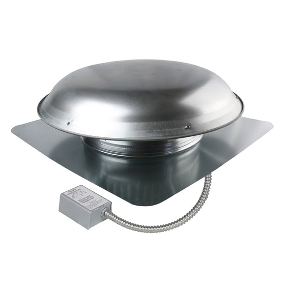 1,400 CFM aluminum roof mount exhaust fan in mill finish showing the adjustable thermostat with conduit.