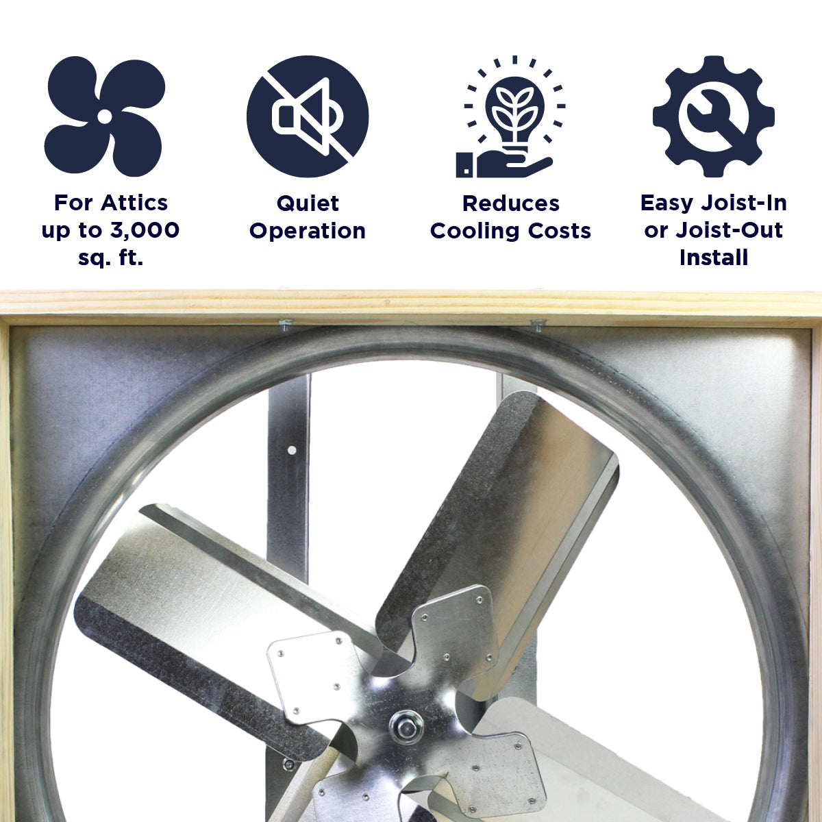 Features of the CX30BD-2SPD include ventilation coverage for attics up to 3,000 sq. ft., quiet operation, reduced cooling costs, and joist-in or joist-out install compatibility.