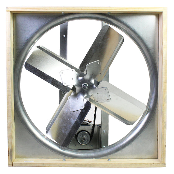 Underside of the 30" whole house fan showing the steel and wood construction and high performance fan blade assembly. 