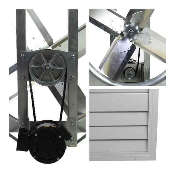 Detailed close-up of motor and pulley system, fan blade assembly, and shutter on the home ventilation fan.
