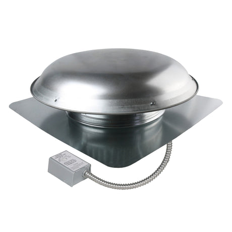 1,600 CFM aluminum roof mount exhaust fan in mill finish showing the adjustable thermostat with conduit.