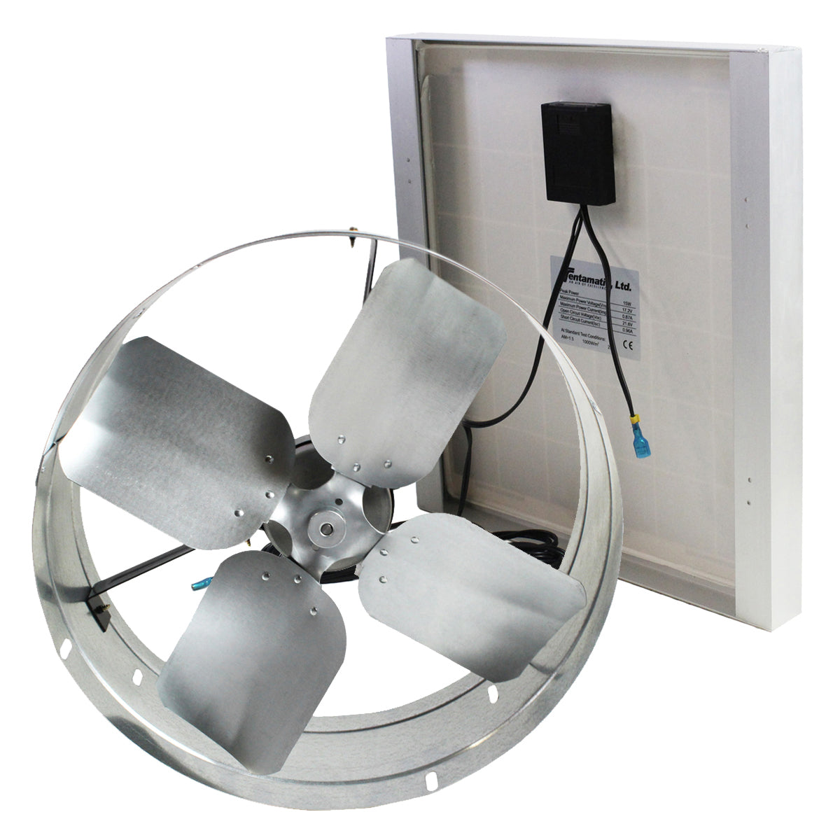 Back view of the DC fan showing the 14 in. fan blades for powerful output and the solar panel's quick connect system. 